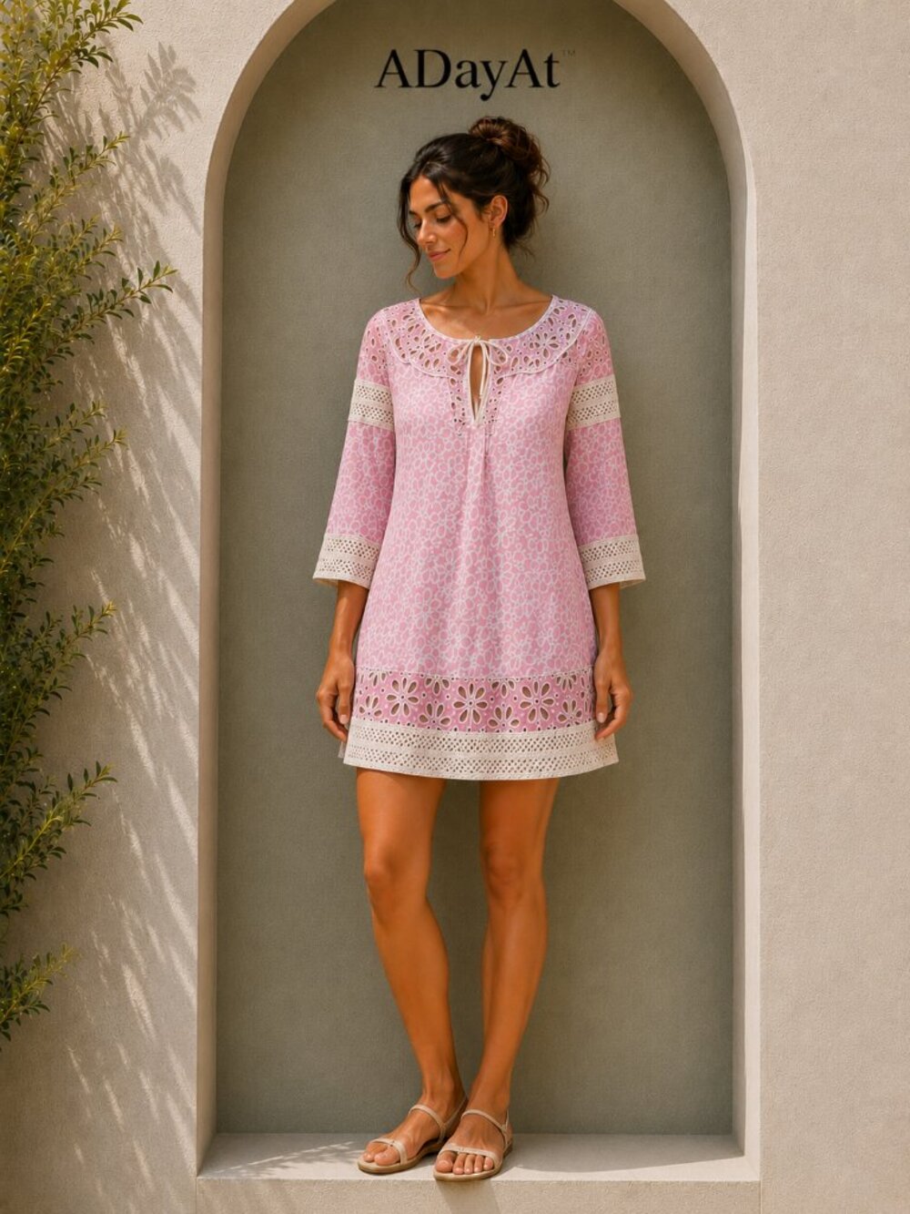 Summer Pink Cotton Eyelet Tunic M Santorini Resort Crochet Trim Fullah Sugah